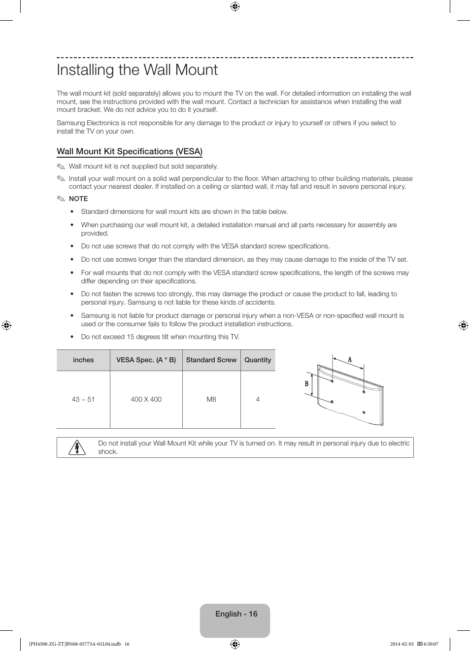 Installing the wall mount | Samsung PE43H4500AW User Manual | Page 16 / 91