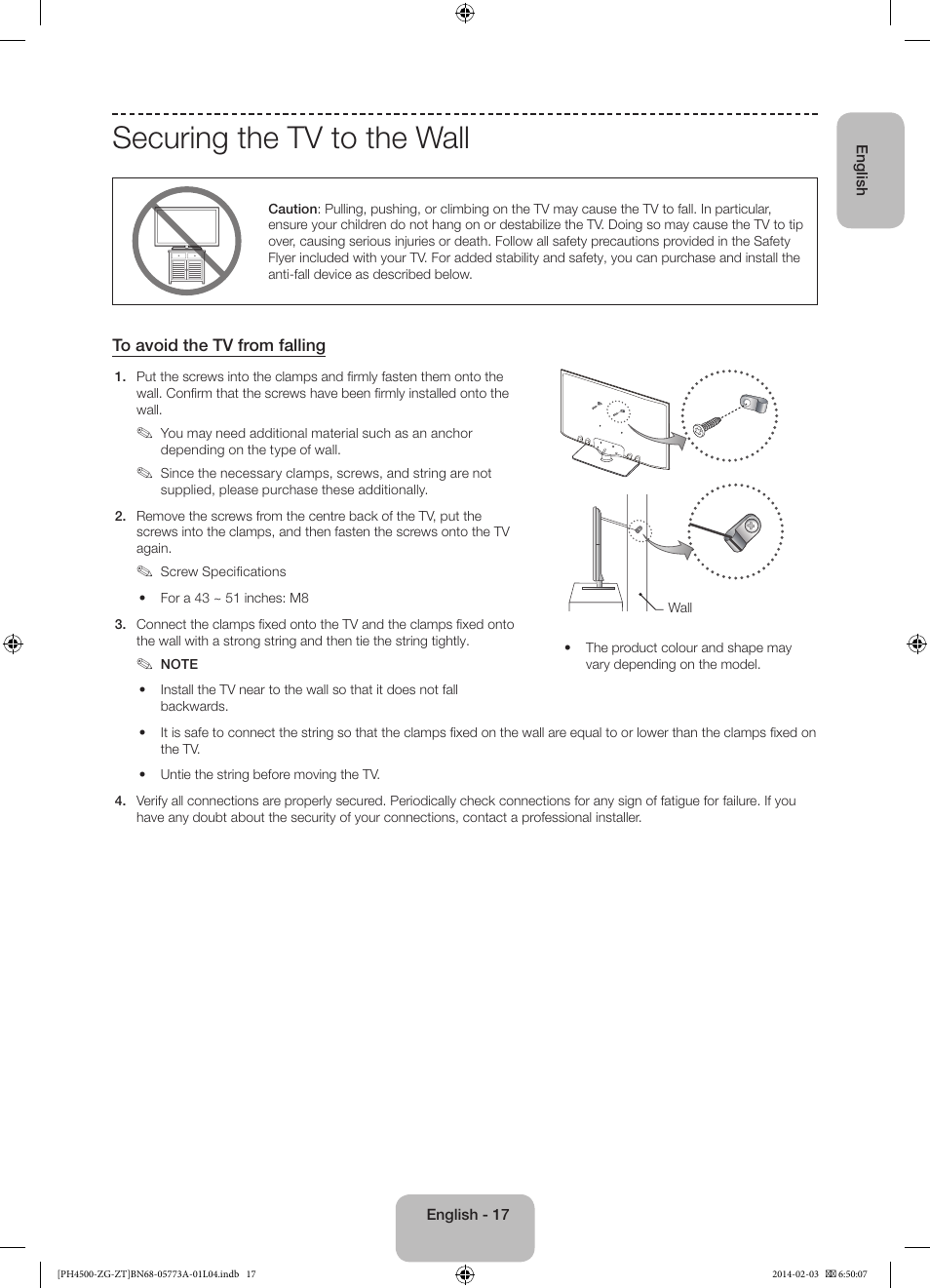 Securing the tv to the wall | Samsung PE43H4500AW User Manual | Page 17 / 91