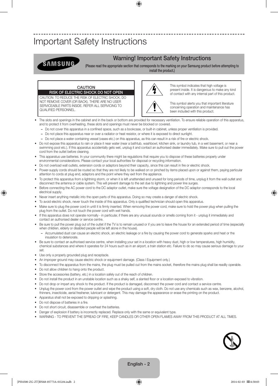 Important safety instructions, Warning! important safety instructions | Samsung PE43H4500AW User Manual | Page 2 / 91