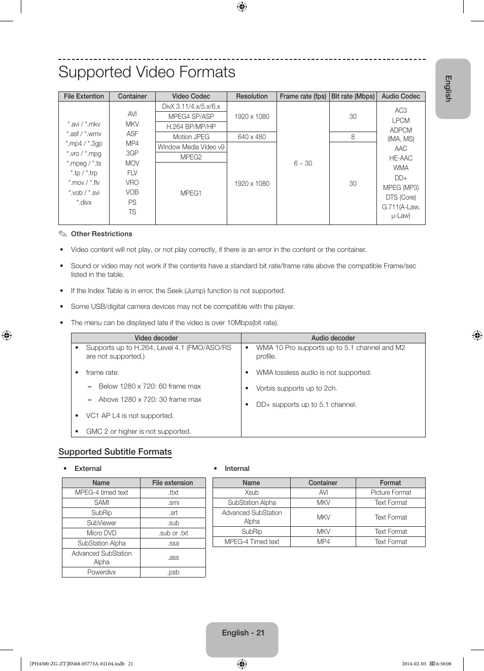 Supported video formats, Supported subtitle formats | Samsung PE43H4500AW User Manual | Page 21 / 91