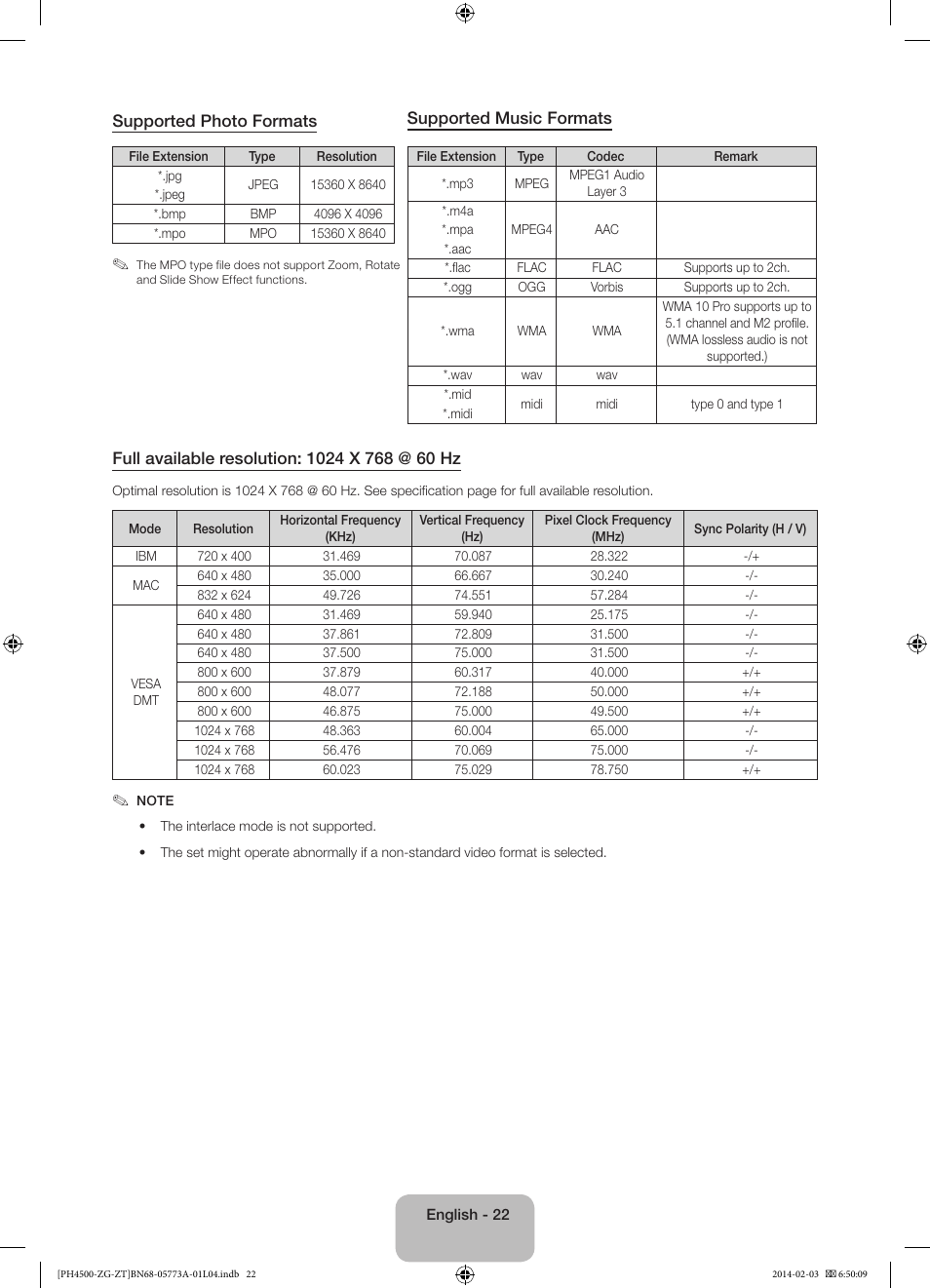 Supported photo formats, Supported music formats | Samsung PE43H4500AW User Manual | Page 22 / 91