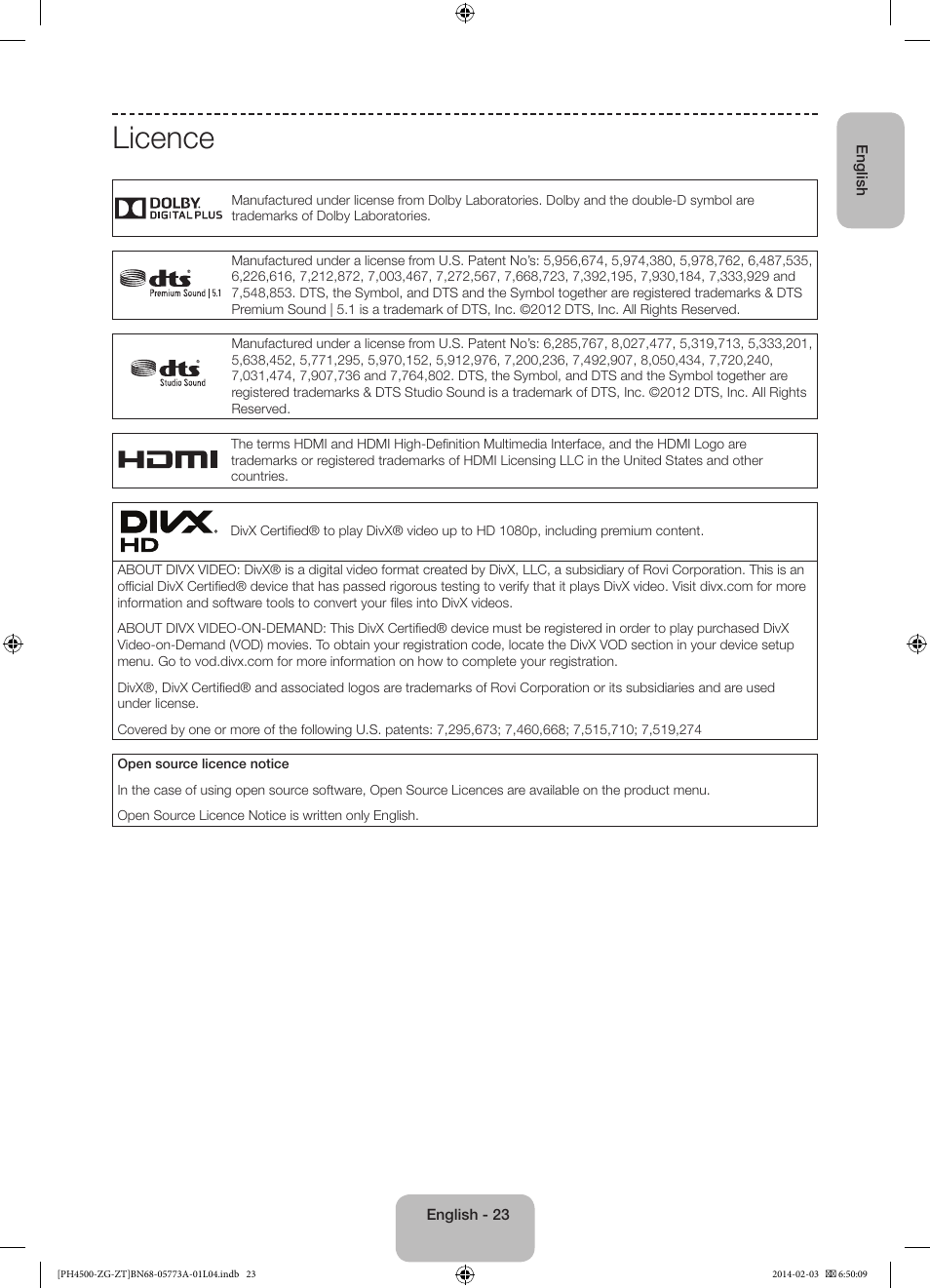 Licence | Samsung PE43H4500AW User Manual | Page 23 / 91