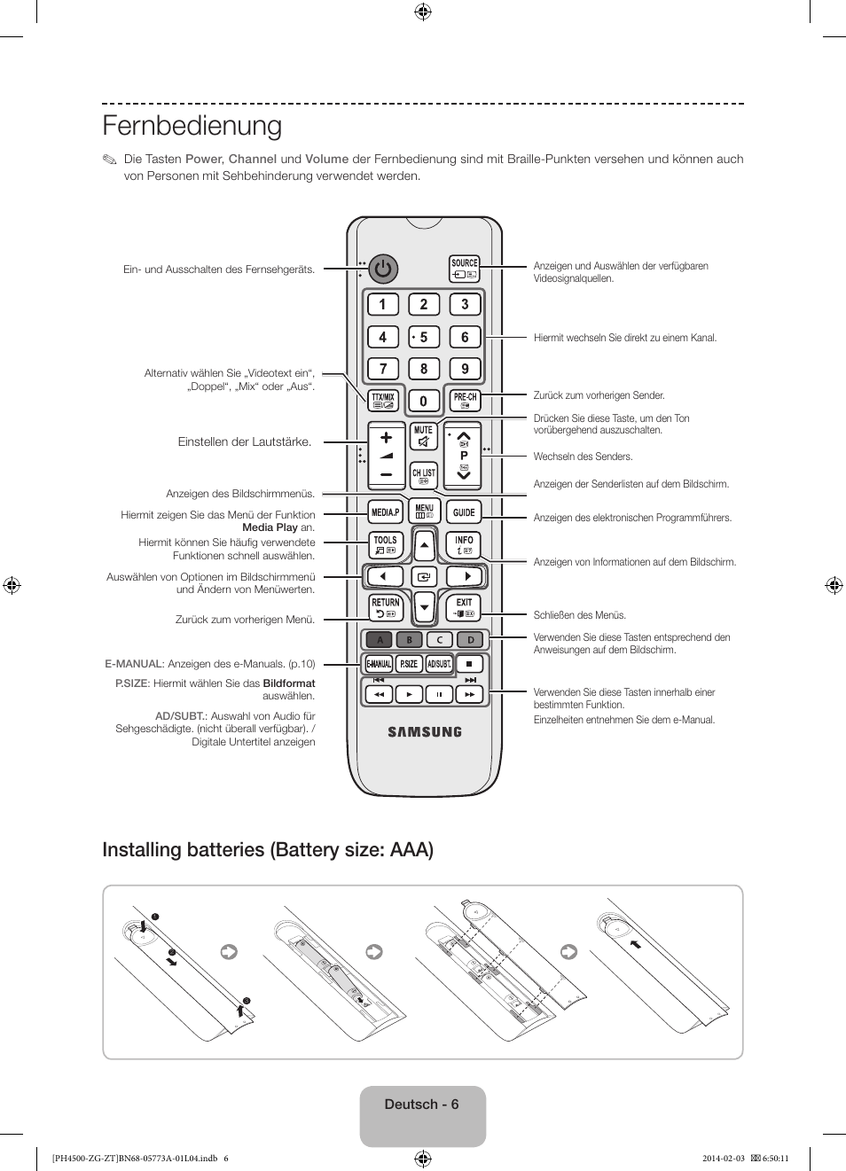 Fernbedienung, Installing batteries (battery size: aaa) | Samsung PE43H4500AW User Manual | Page 28 / 91