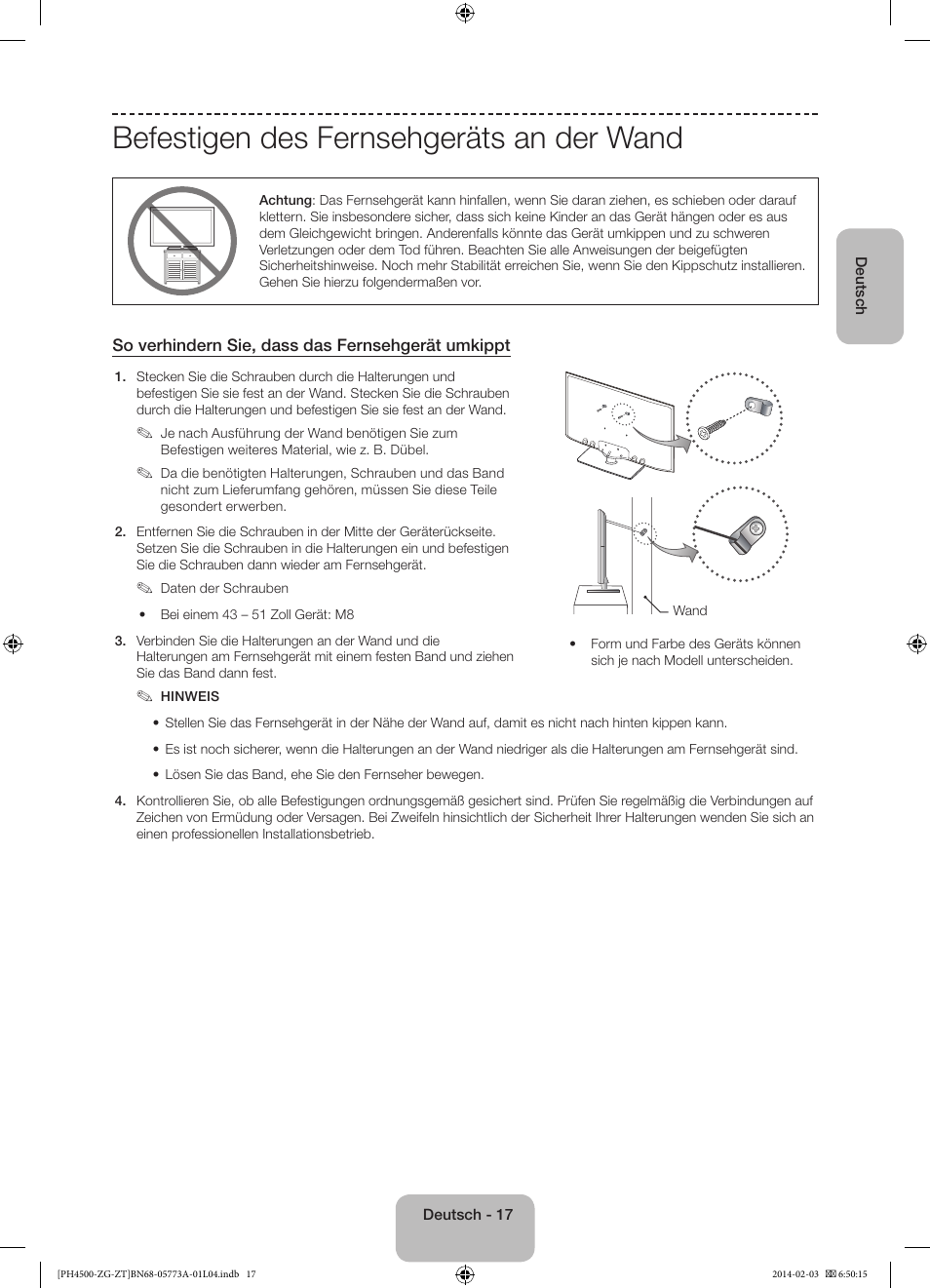 Befestigen des fernsehgeräts an der wand | Samsung PE43H4500AW User Manual | Page 39 / 91