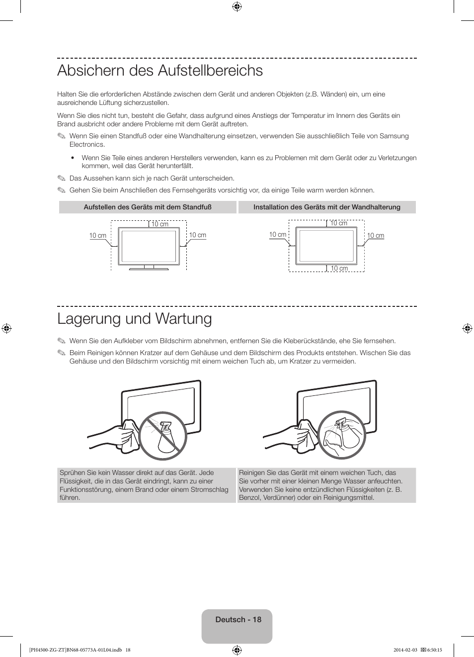 Absichern des aufstellbereichs, Lagerung und wartung | Samsung PE43H4500AW User Manual | Page 40 / 91