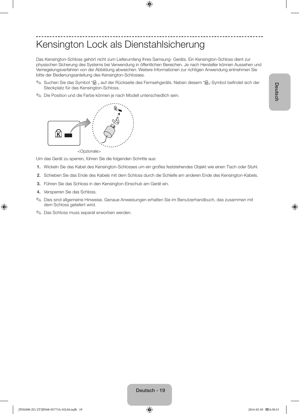 Kensington lock als dienstahlsicherung | Samsung PE43H4500AW User Manual | Page 41 / 91