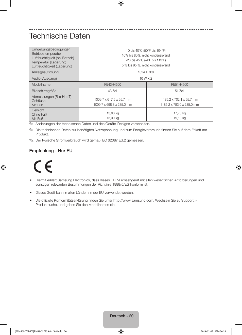 Technische daten | Samsung PE43H4500AW User Manual | Page 42 / 91