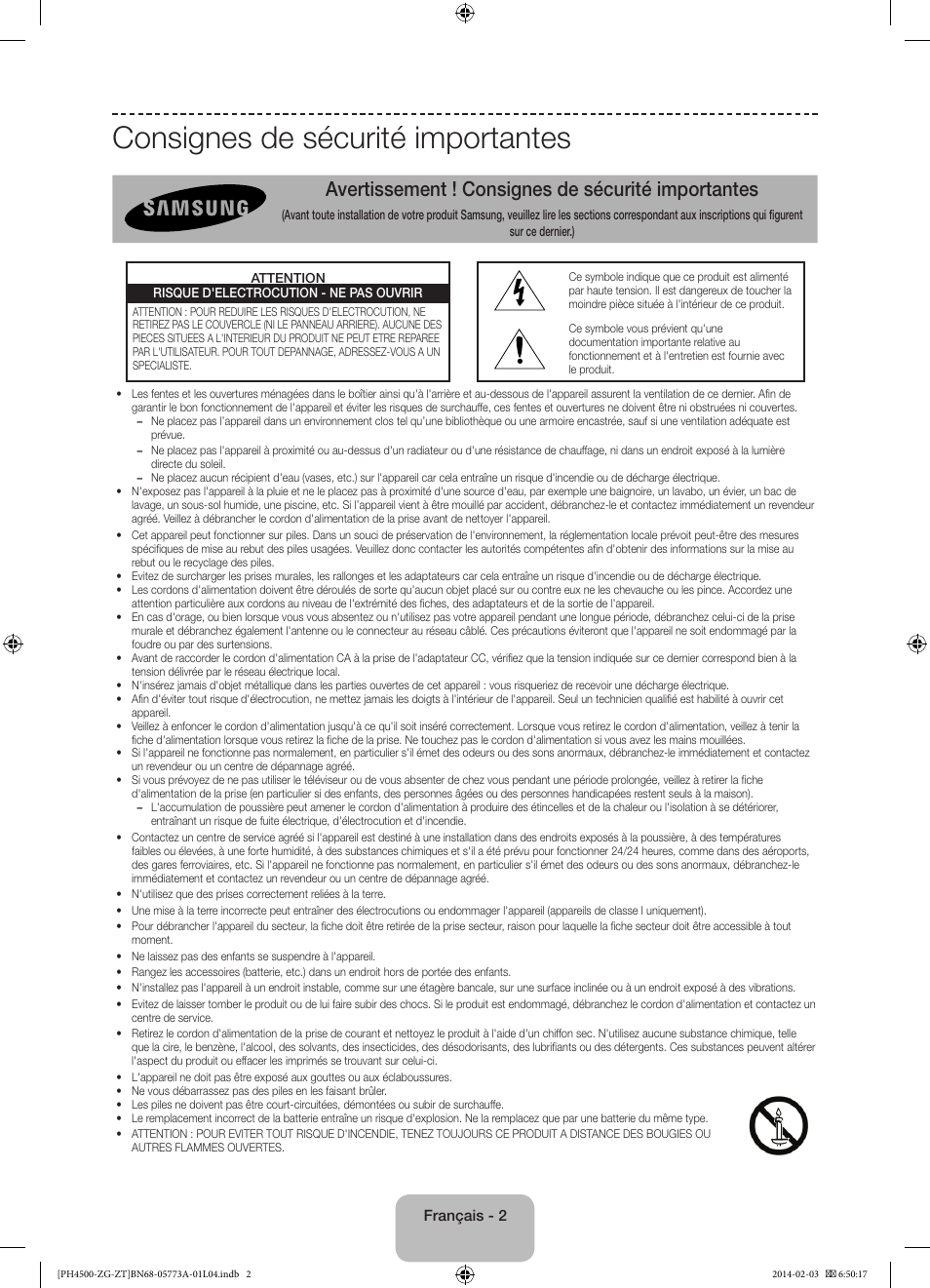 Consignes de sécurité importantes, Avertissement ! consignes de sécurité importantes | Samsung PE43H4500AW User Manual | Page 46 / 91