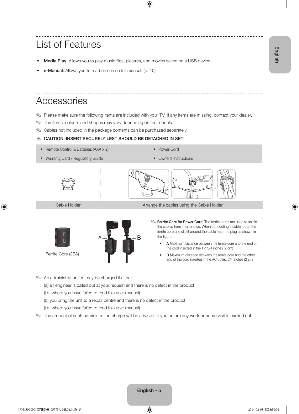 List of features, Accessories | Samsung PE43H4500AW User Manual | Page 5 / 91