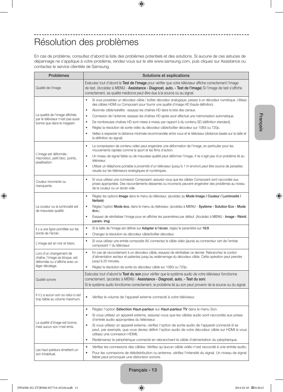 Résolution des problèmes | Samsung PE43H4500AW User Manual | Page 57 / 91