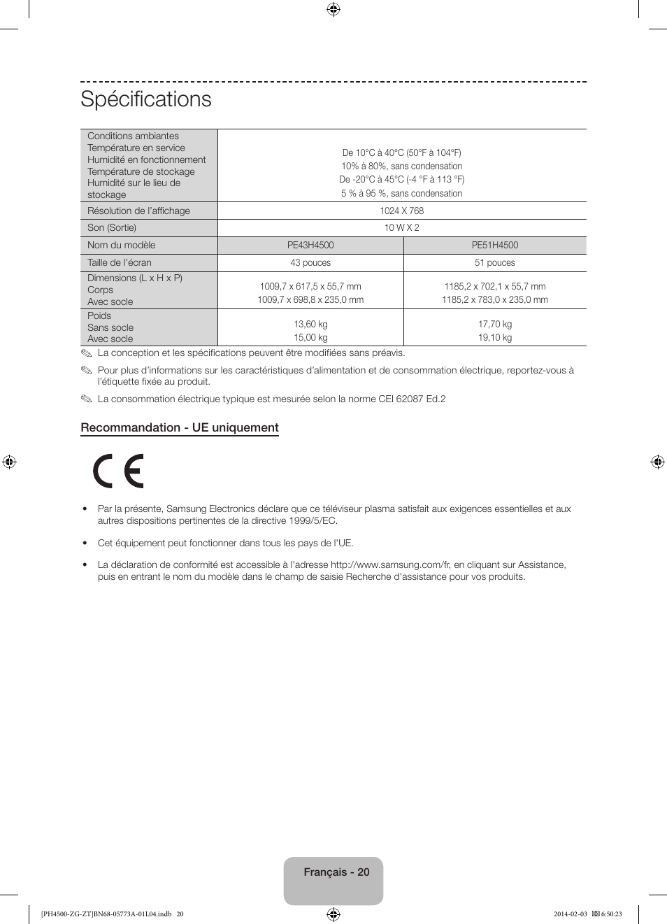 Spécifications | Samsung PE43H4500AW User Manual | Page 64 / 91