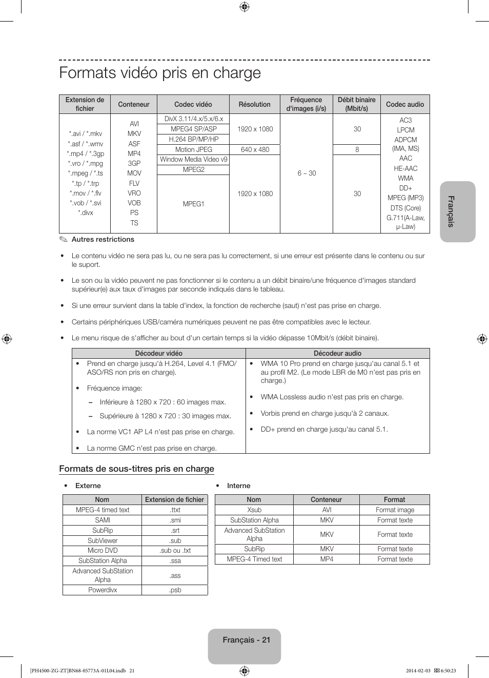 Formats vidéo pris en charge, Formats de sous-titres pris en charge | Samsung PE43H4500AW User Manual | Page 65 / 91