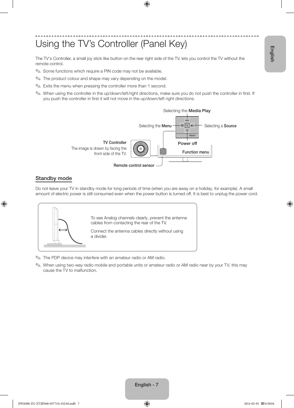 Using the tv’s controller (panel key) | Samsung PE43H4500AW User Manual | Page 7 / 91
