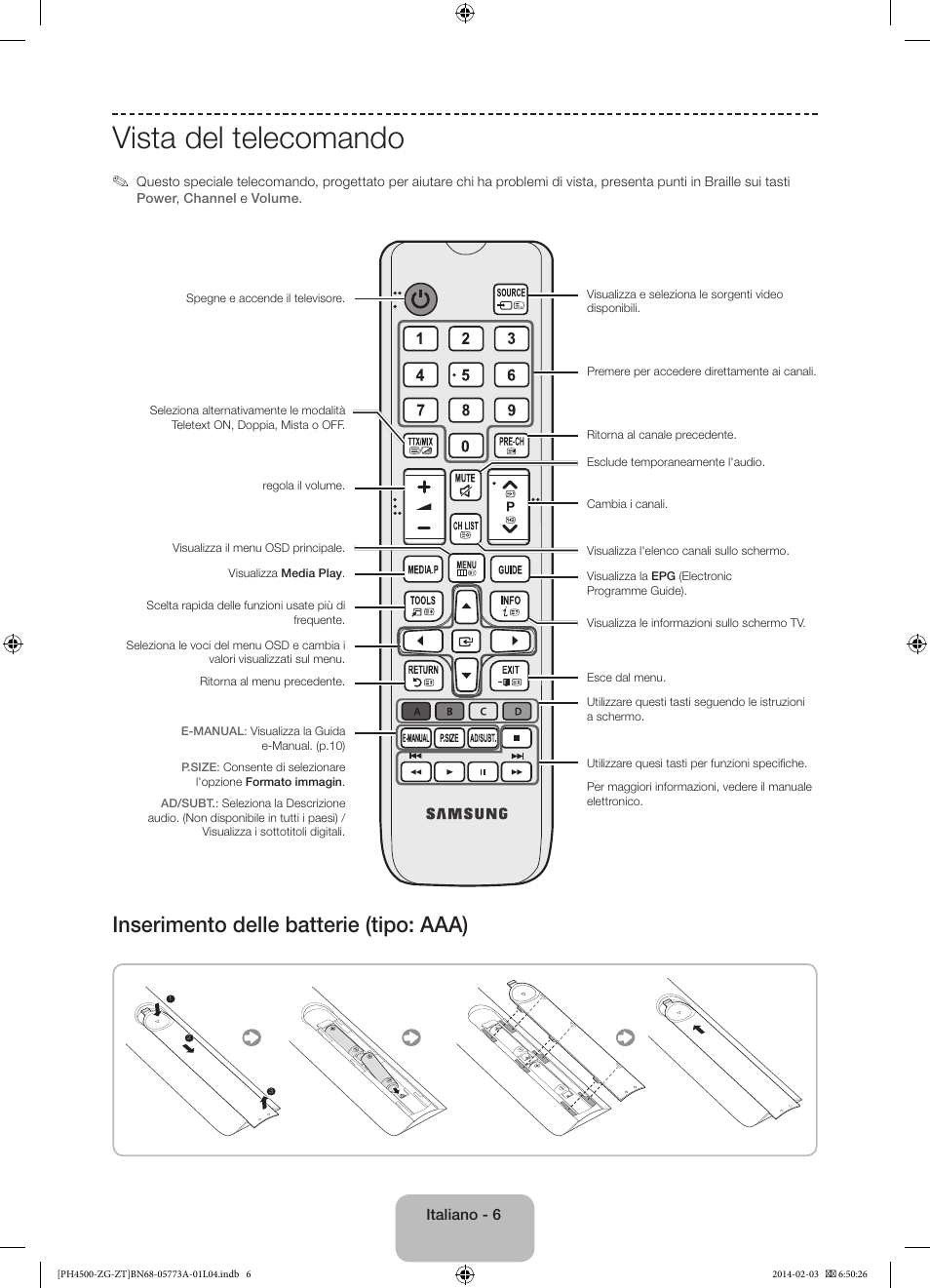 Vista del telecomando, Inserimento delle batterie (tipo: aaa) | Samsung PE43H4500AW User Manual | Page 72 / 91