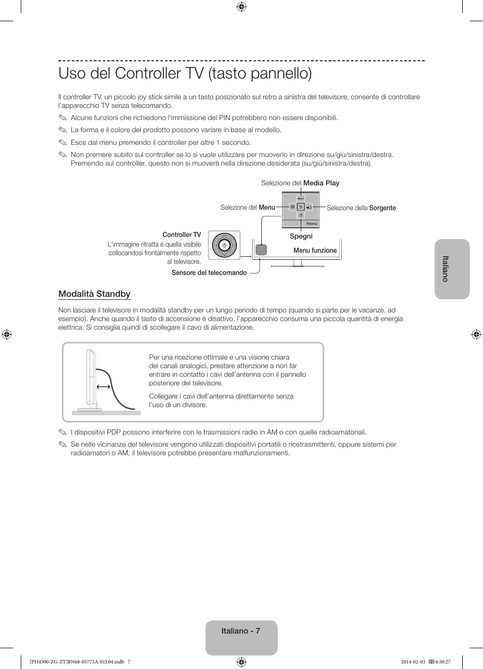 Uso del controller tv (tasto pannello) | Samsung PE43H4500AW User Manual | Page 73 / 91