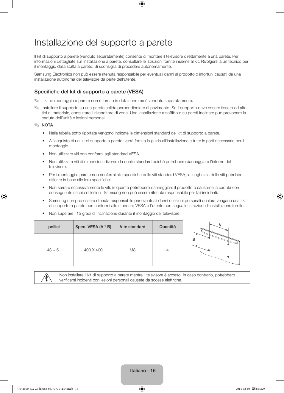 Installazione del supporto a parete | Samsung PE43H4500AW User Manual | Page 82 / 91