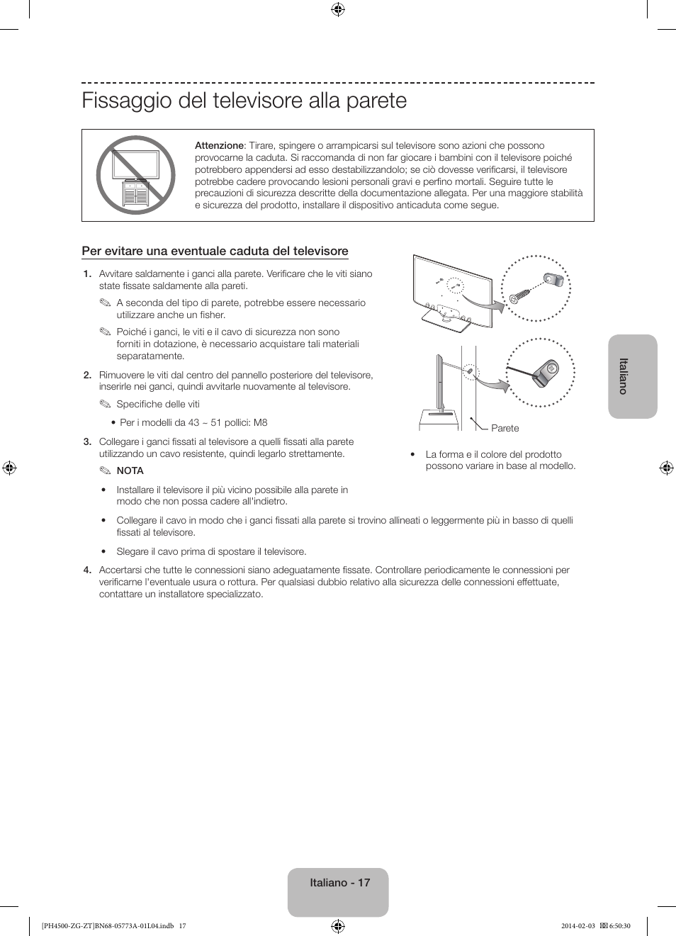 Fissaggio del televisore alla parete | Samsung PE43H4500AW User Manual | Page 83 / 91