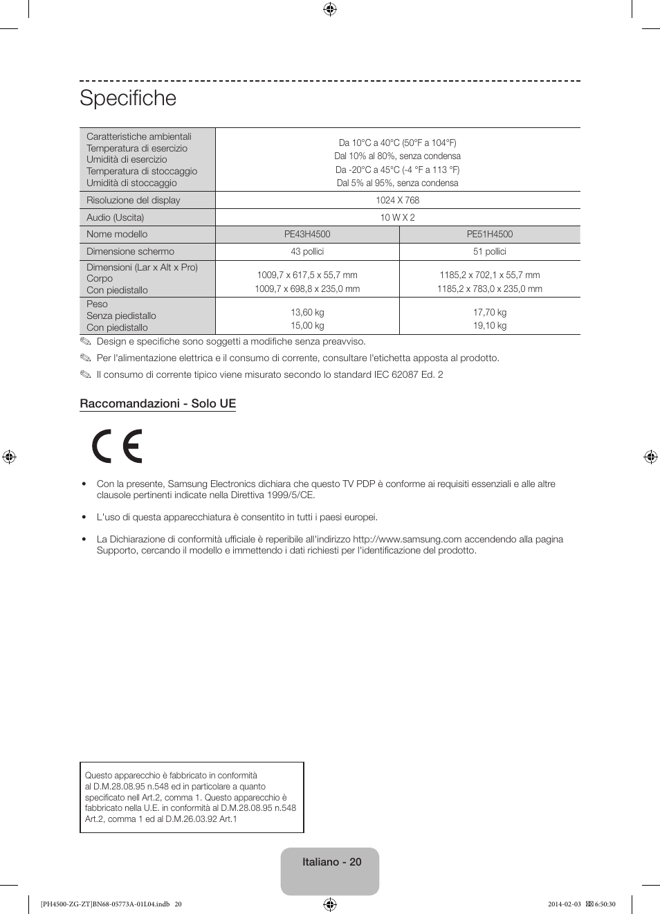 Specifiche | Samsung PE43H4500AW User Manual | Page 86 / 91