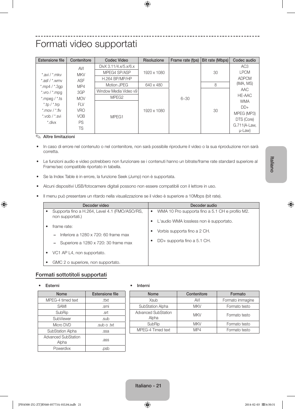 Formati video supportati, Formati sottotitoli supportati | Samsung PE43H4500AW User Manual | Page 87 / 91