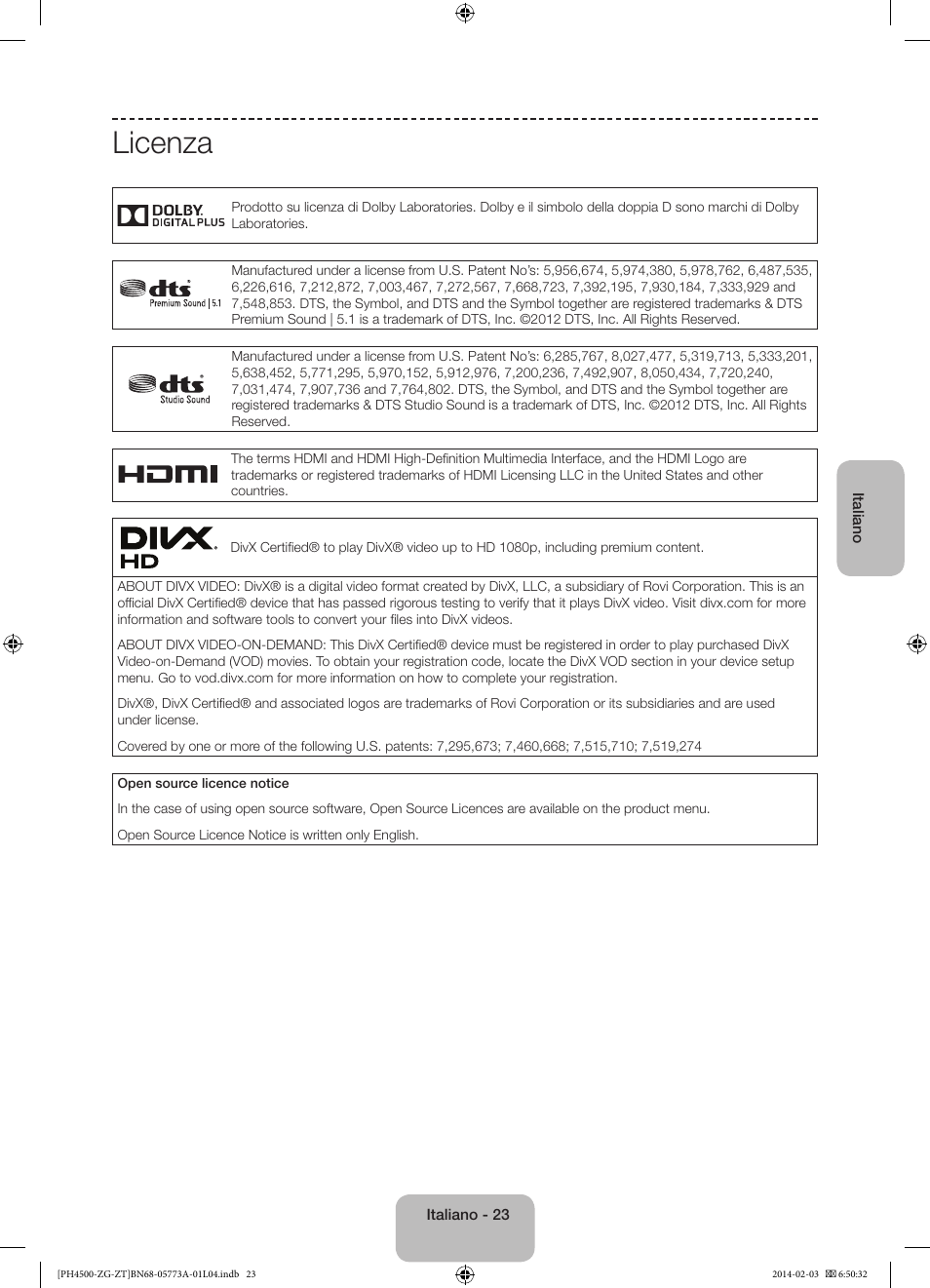 Licenza | Samsung PE43H4500AW User Manual | Page 89 / 91