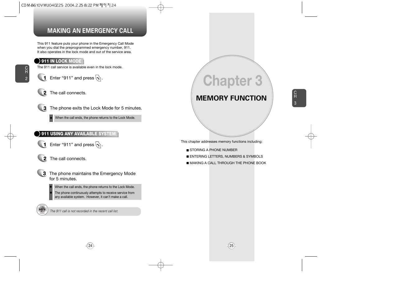 Chapter 3, Making an emergency call | Audiovox VOX 8610 User Manual | Page 14 / 54