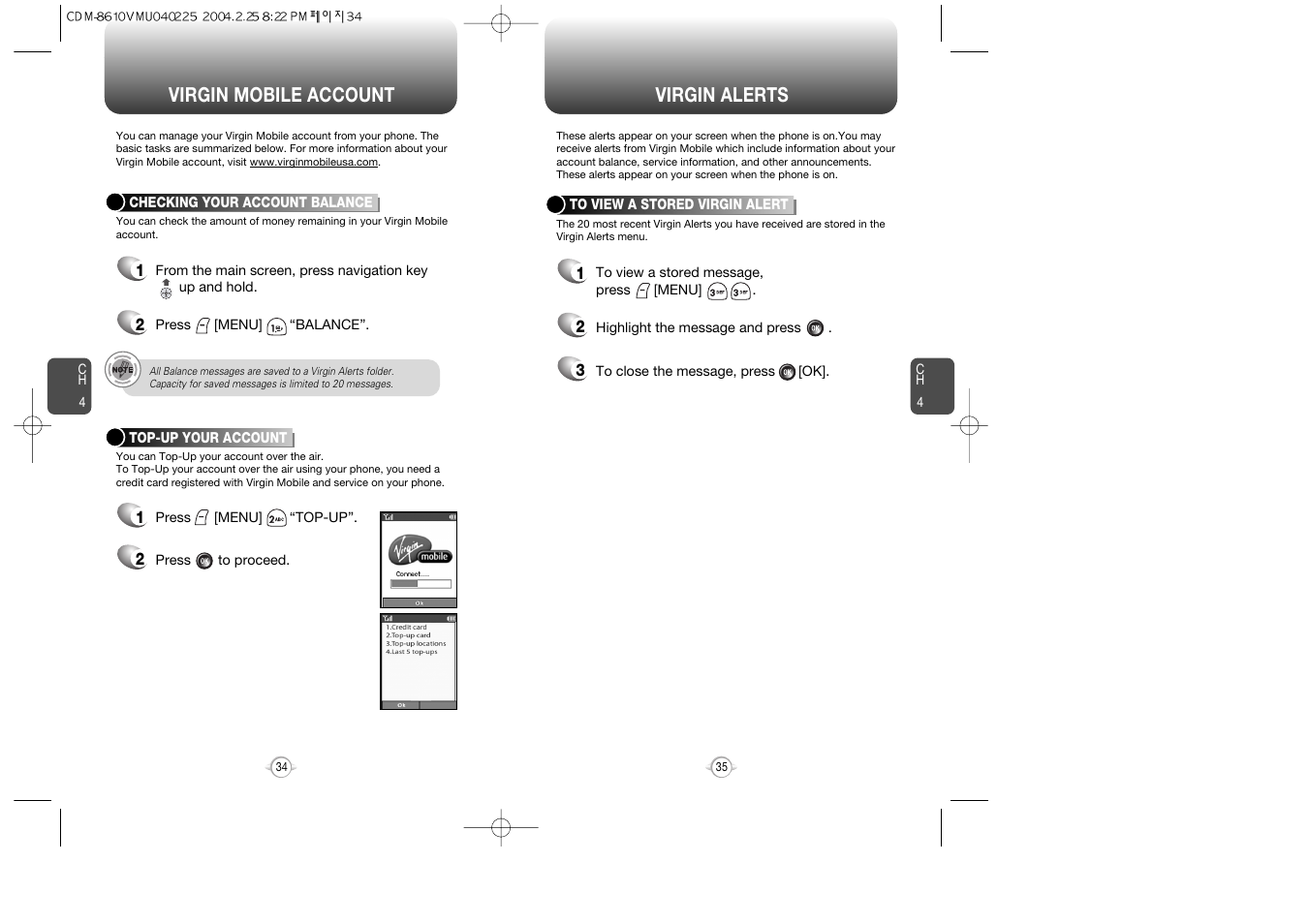 Virgin mobile account virgin alerts | Audiovox VOX 8610 User Manual | Page 19 / 54