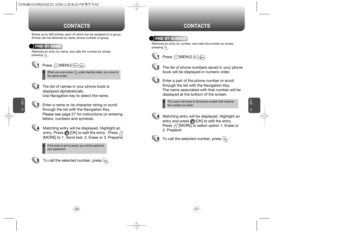 Contacts | Audiovox VOX 8610 User Manual | Page 22 / 54