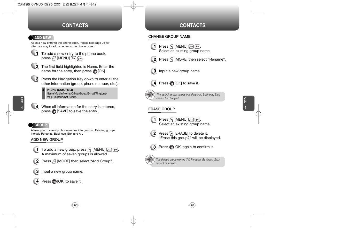 Contacts | Audiovox VOX 8610 User Manual | Page 23 / 54