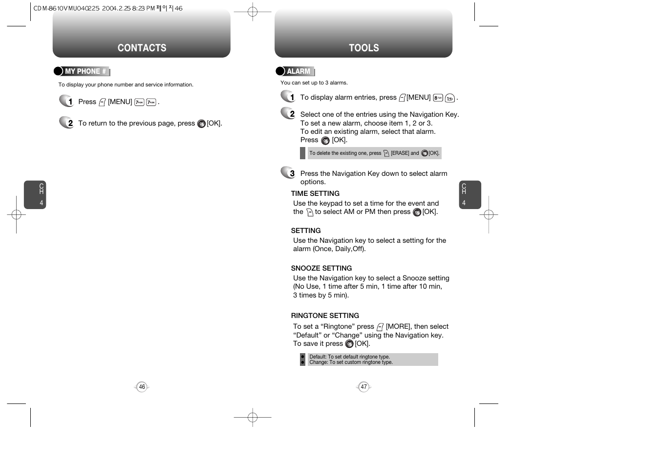Contacts, Tools | Audiovox VOX 8610 User Manual | Page 25 / 54