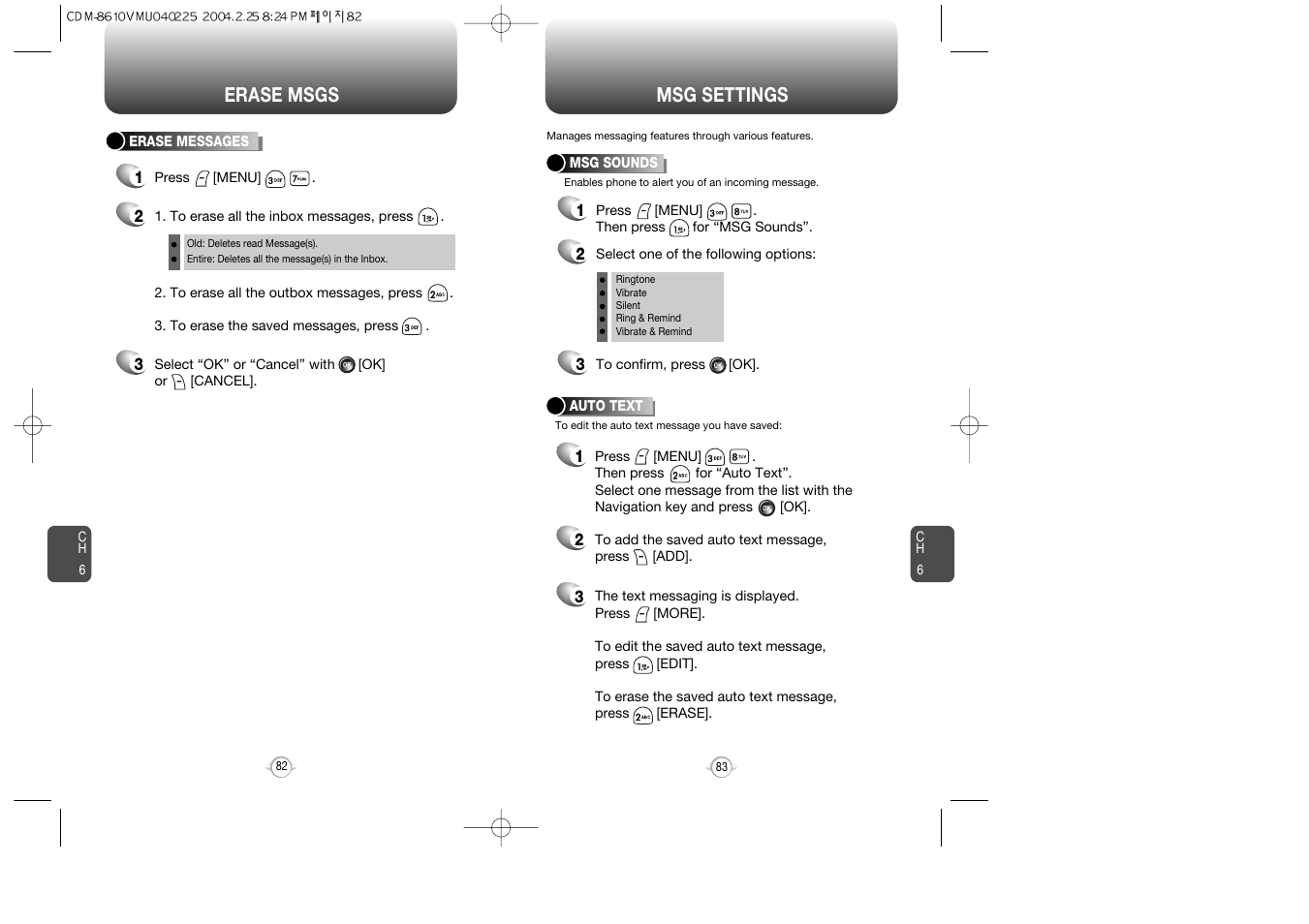 Msg settings erase msgs | Audiovox VOX 8610 User Manual | Page 43 / 54
