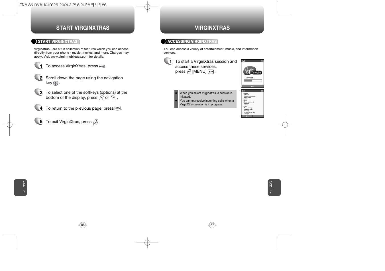 Start virginxtras virginxtras | Audiovox VOX 8610 User Manual | Page 45 / 54
