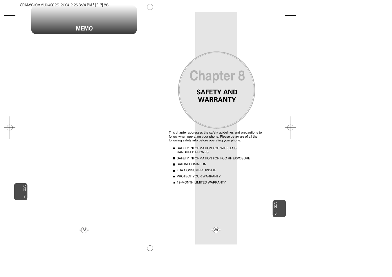 Chapter 8, Safety and warranty | Audiovox VOX 8610 User Manual | Page 46 / 54