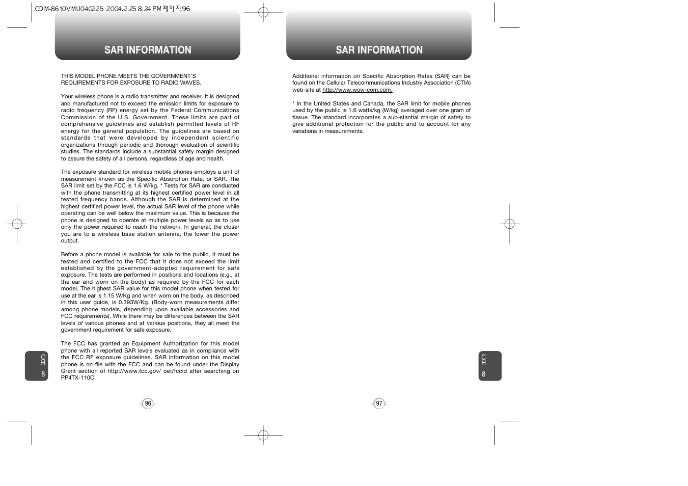 Sar information | Audiovox VOX 8610 User Manual | Page 50 / 54