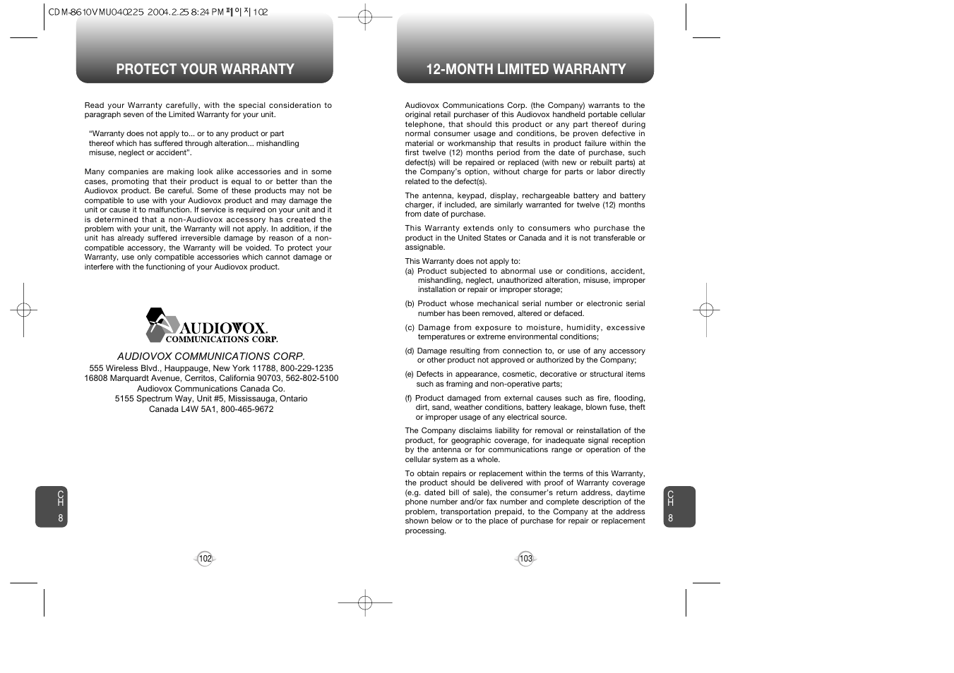Protect your warranty 12-month limited warranty | Audiovox VOX 8610 User Manual | Page 53 / 54