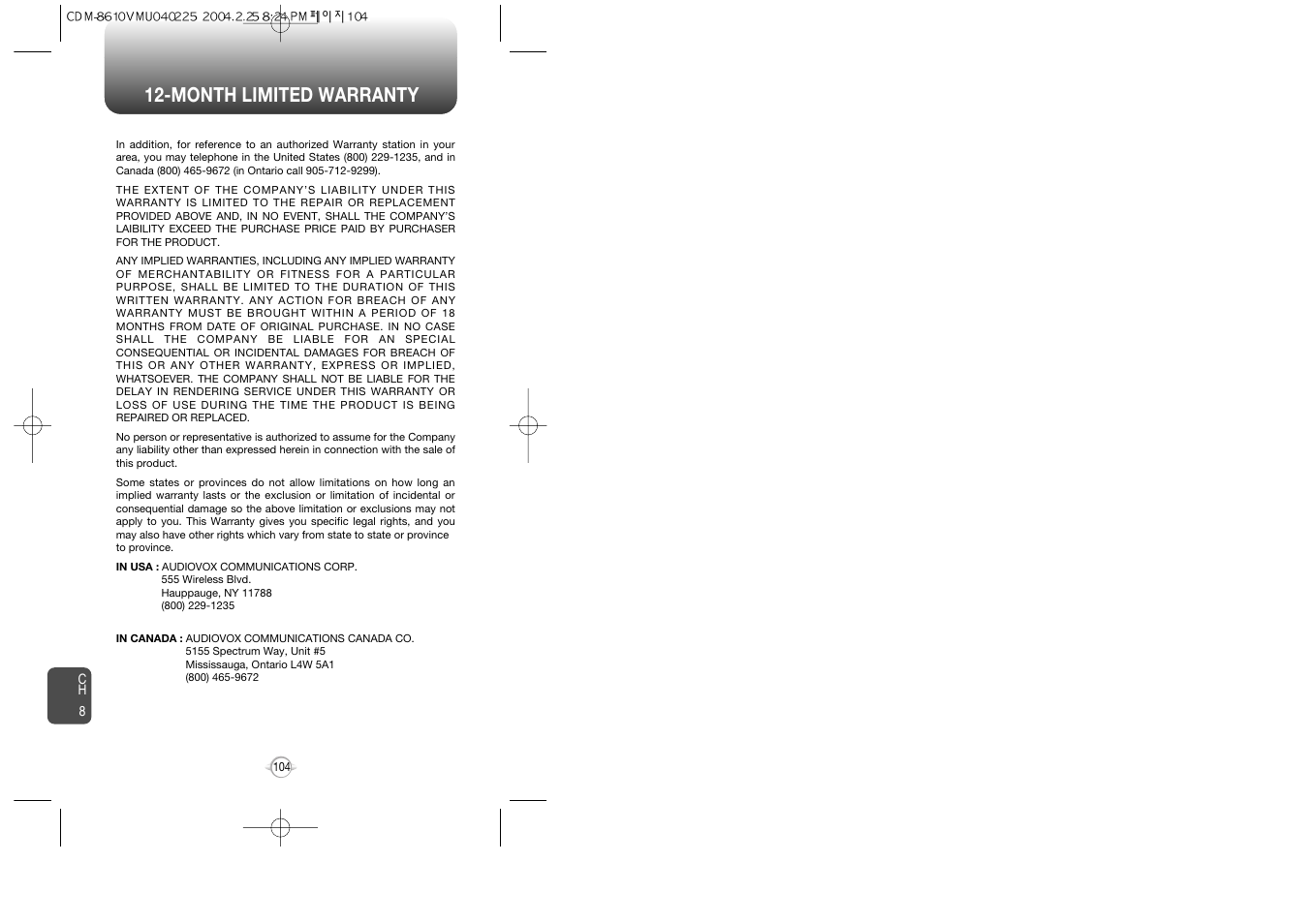 Month limited warranty | Audiovox VOX 8610 User Manual | Page 54 / 54