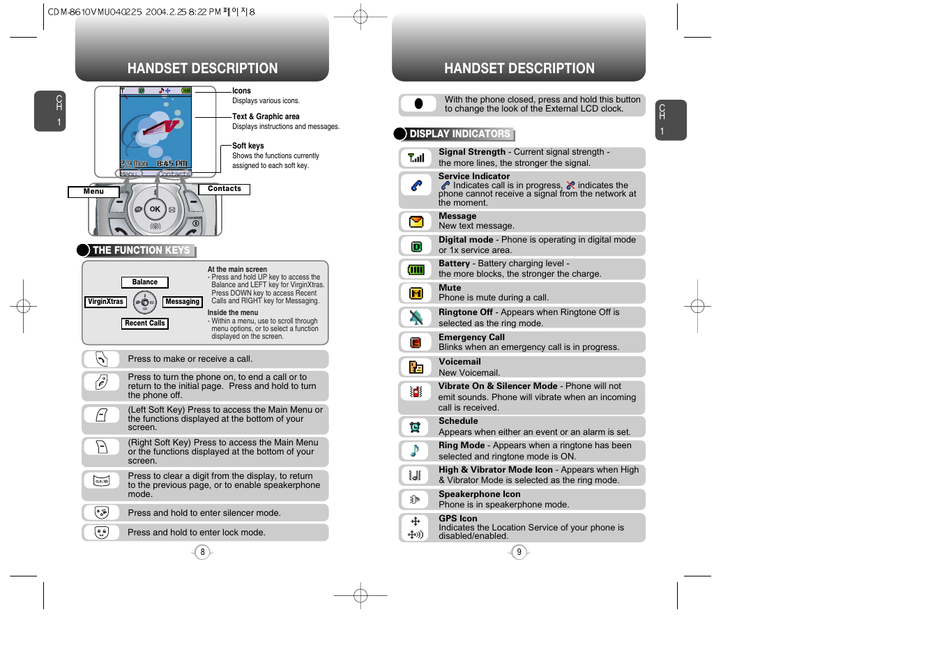 Handset description | Audiovox VOX 8610 User Manual | Page 6 / 54