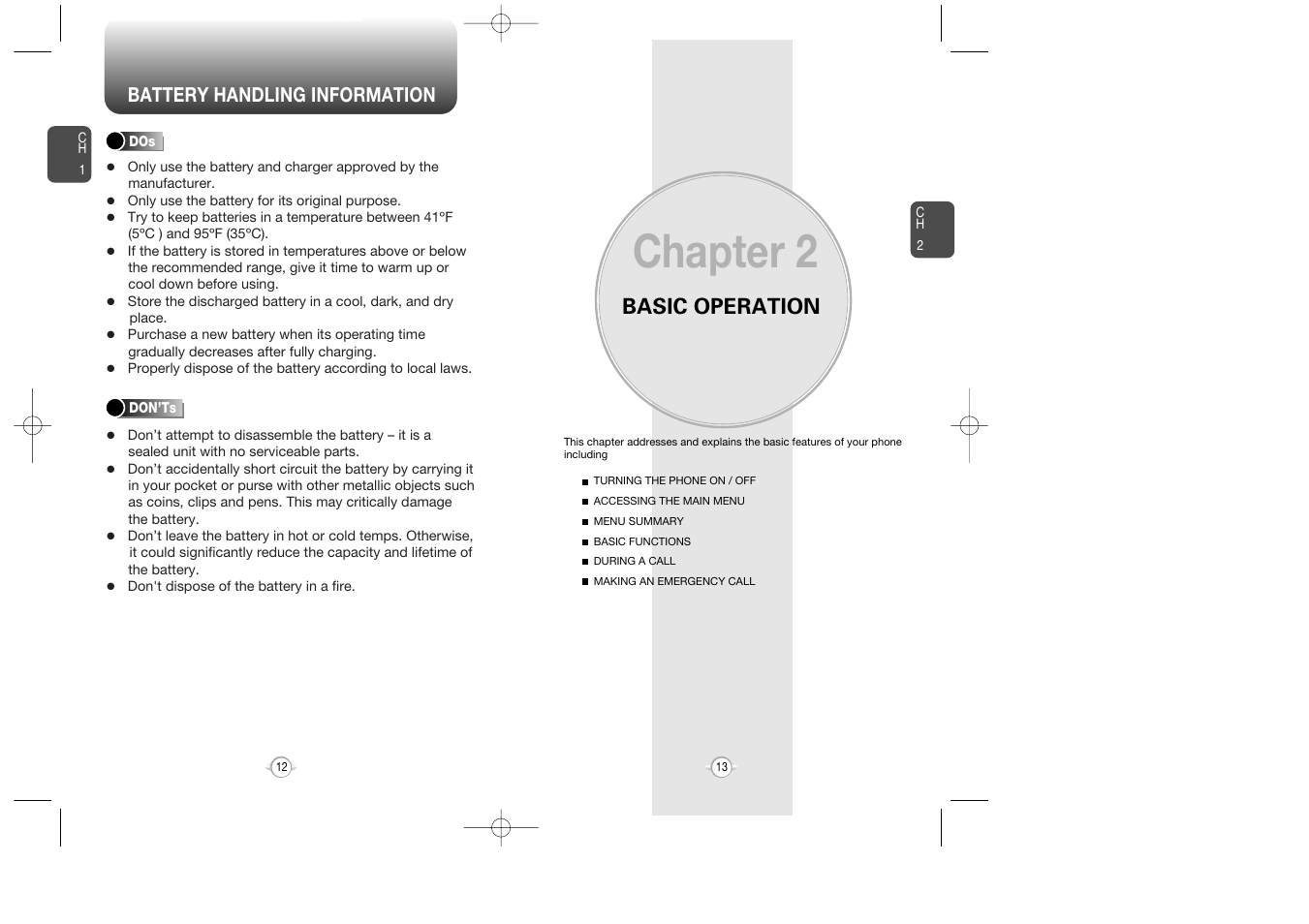 Chapter 2, Basic operation, Battery handling information | Audiovox VOX 8610 User Manual | Page 8 / 54