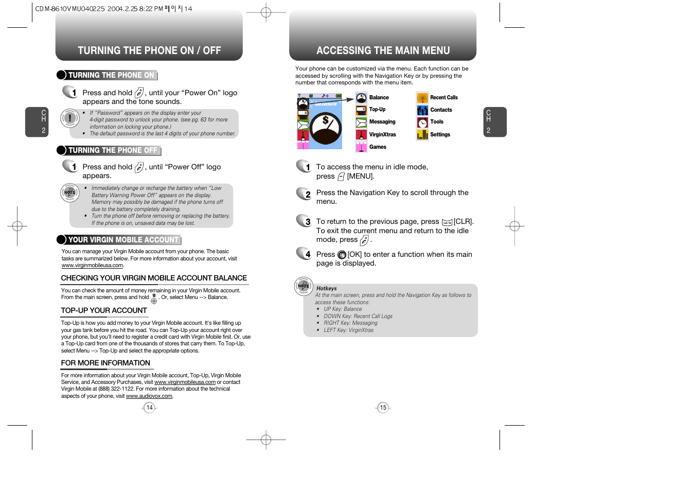 Accessing the main menu, Turning the phone on / off | Audiovox VOX 8610 User Manual | Page 9 / 54
