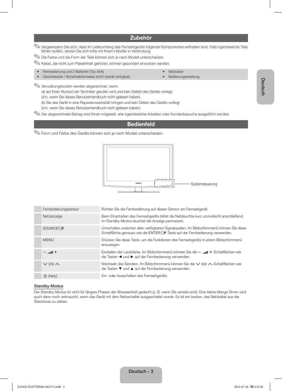 Zubehör, Bedienfeld | Samsung LE32E420E2W User Manual | Page 15 / 51