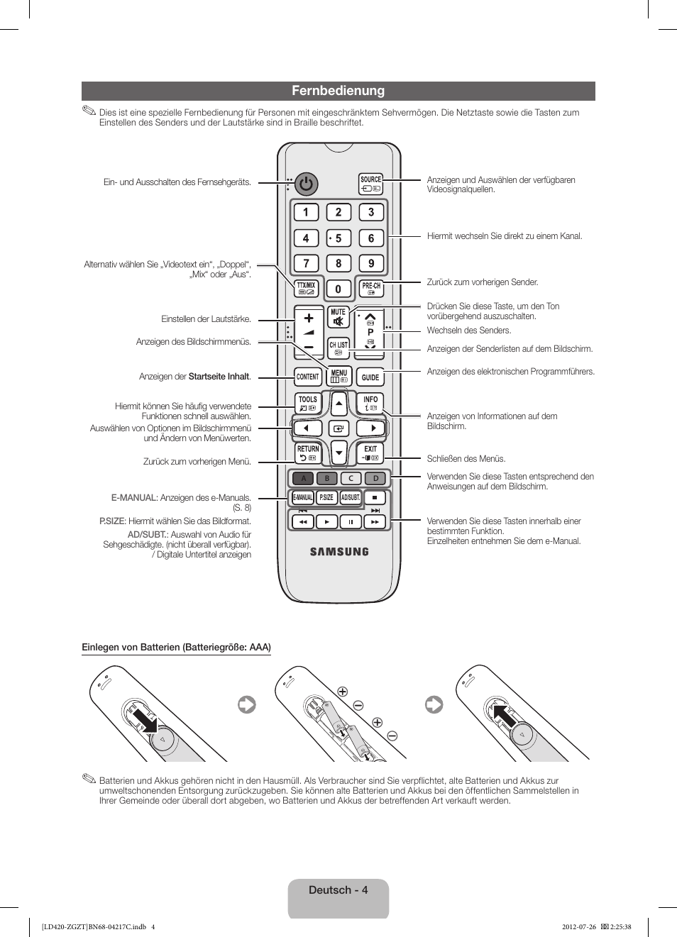 Fernbedienung | Samsung LE32E420E2W User Manual | Page 16 / 51