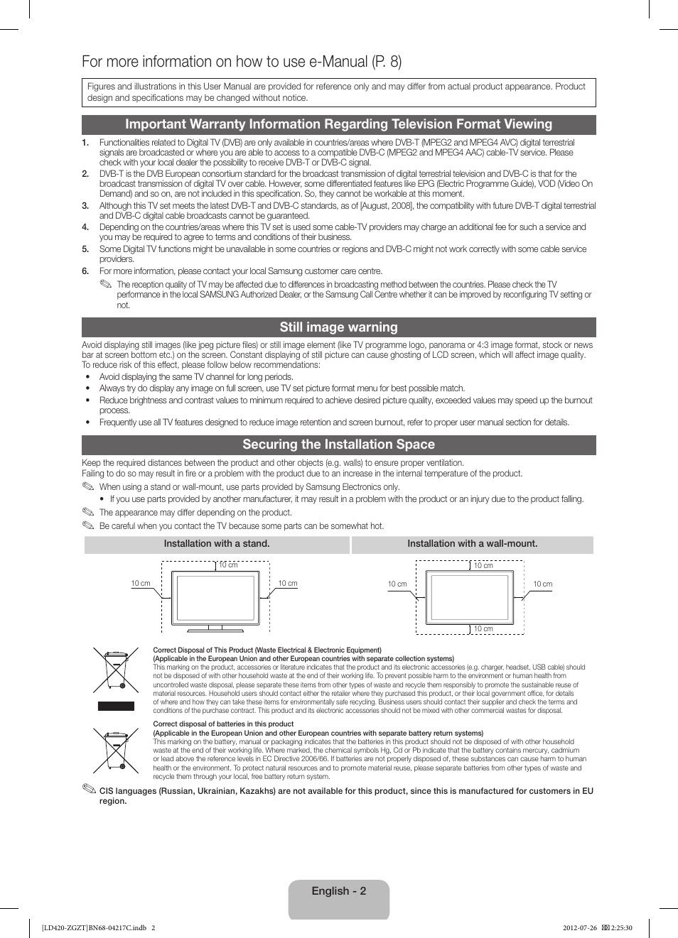 For more information on how to use e-manual (p. 8), Still image warning, Securing the installation space | Samsung LE32E420E2W User Manual | Page 2 / 51