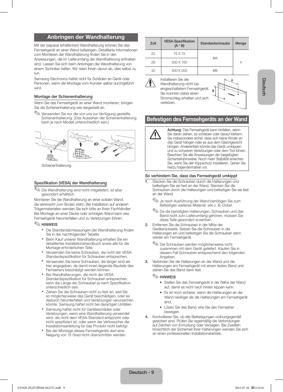 Anbringen der wandhalterung, Befestigen des fernsehgeräts an der wand | Samsung LE32E420E2W User Manual | Page 21 / 51