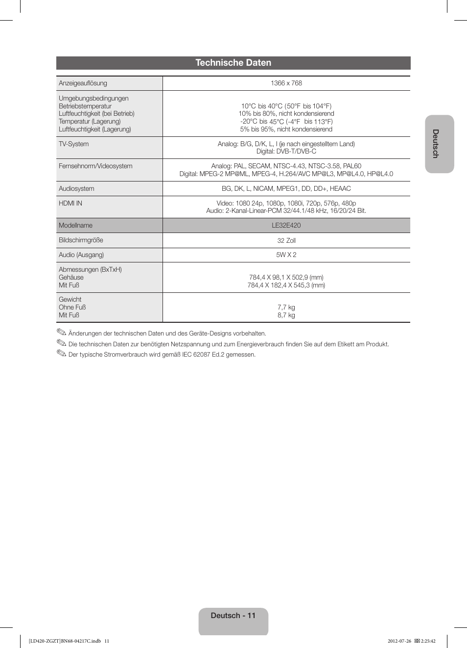 Technische daten | Samsung LE32E420E2W User Manual | Page 23 / 51