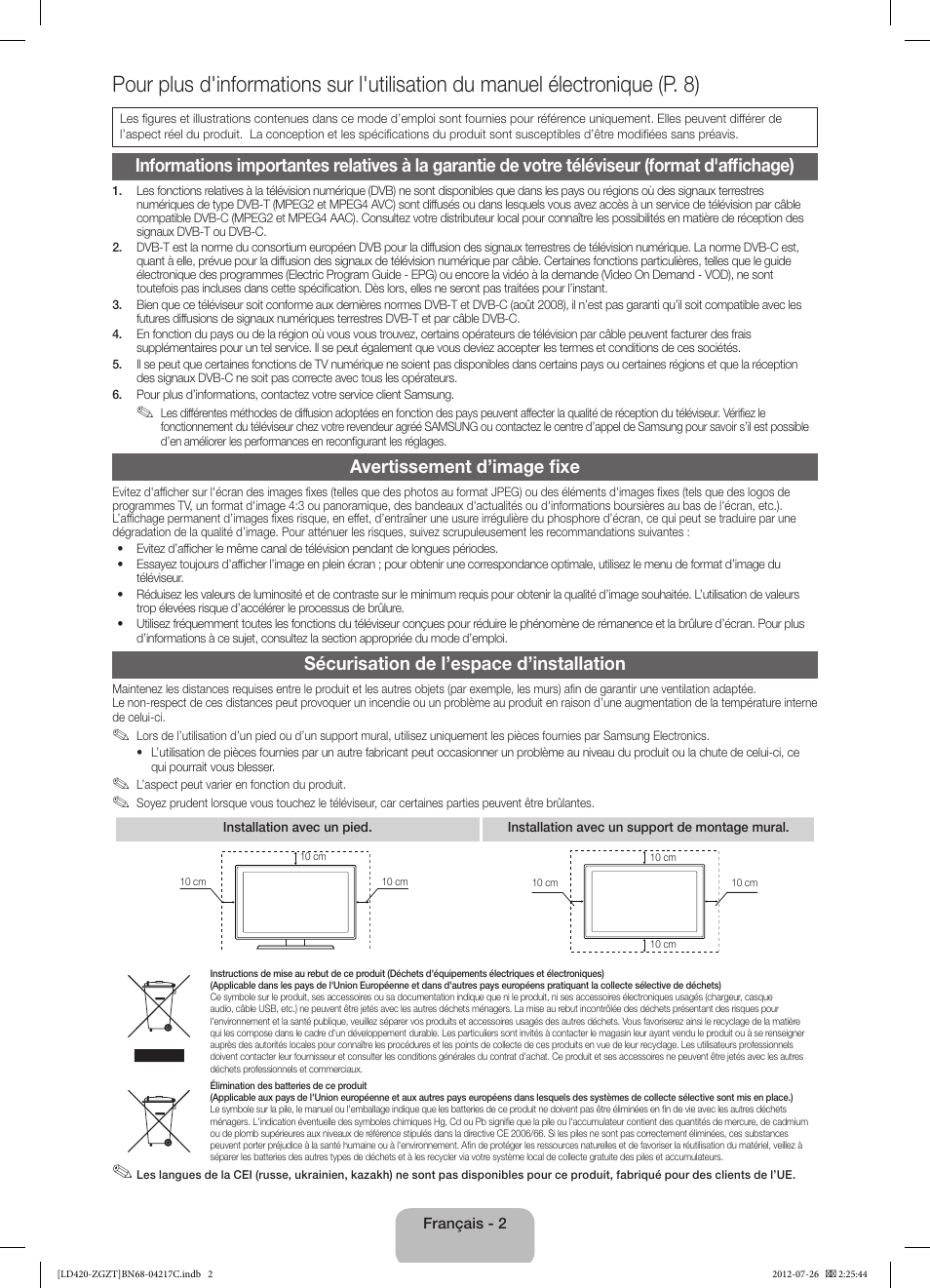 Avertissement d’image fixe, Sécurisation de l’espace d’installation | Samsung LE32E420E2W User Manual | Page 26 / 51