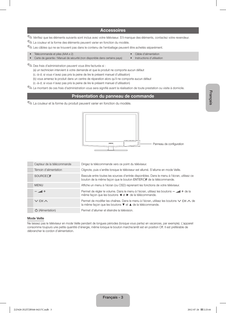 Accessoires, Présentation du panneau de commande | Samsung LE32E420E2W User Manual | Page 27 / 51