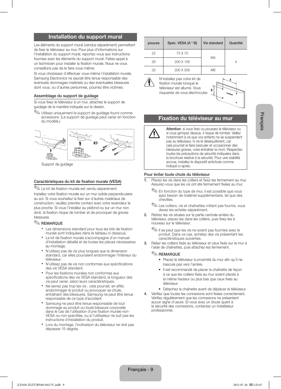 Installation du support mural, Fixation du téléviseur au mur | Samsung LE32E420E2W User Manual | Page 33 / 51