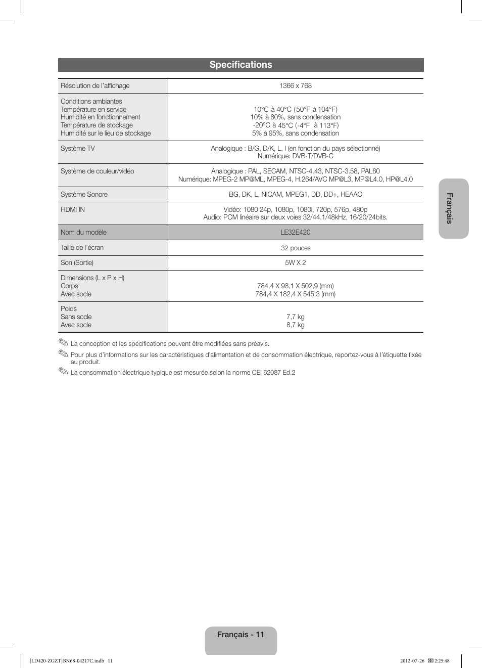 Specifications | Samsung LE32E420E2W User Manual | Page 35 / 51