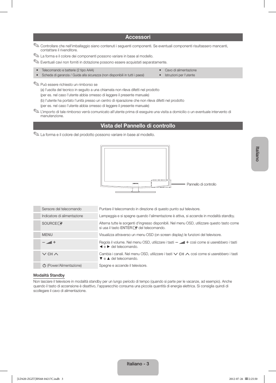 Accessori, Vista del pannello di controllo | Samsung LE32E420E2W User Manual | Page 39 / 51