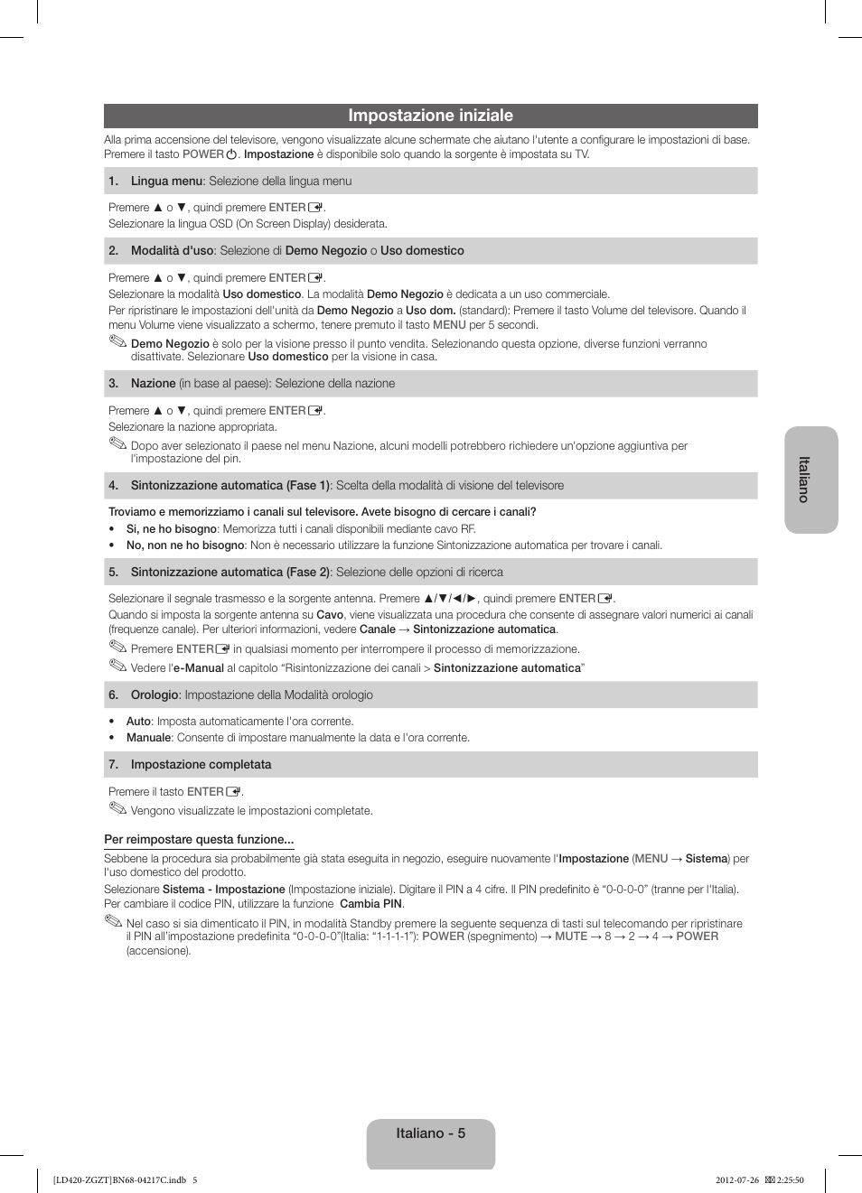 Impostazione iniziale | Samsung LE32E420E2W User Manual | Page 41 / 51