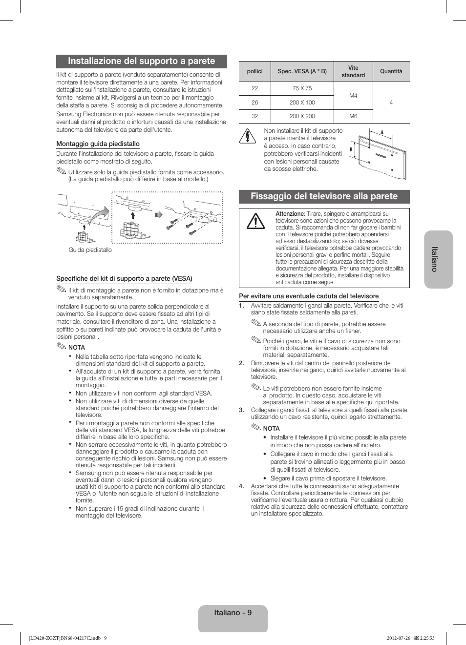 Installazione del supporto a parete, Fissaggio del televisore alla parete | Samsung LE32E420E2W User Manual | Page 45 / 51